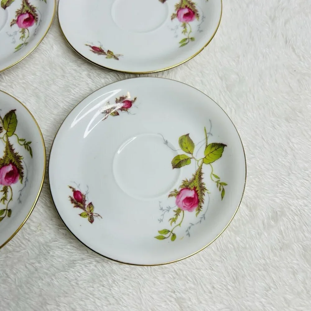 Eschenbach Bavaria Germany Moss Rose Demitasse Teacup Saucers Cream and Sugar